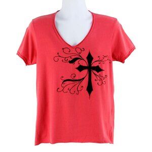 History Sz S Red Black Cotton Blend Short Sleeve V Neck Embellished T Shirt